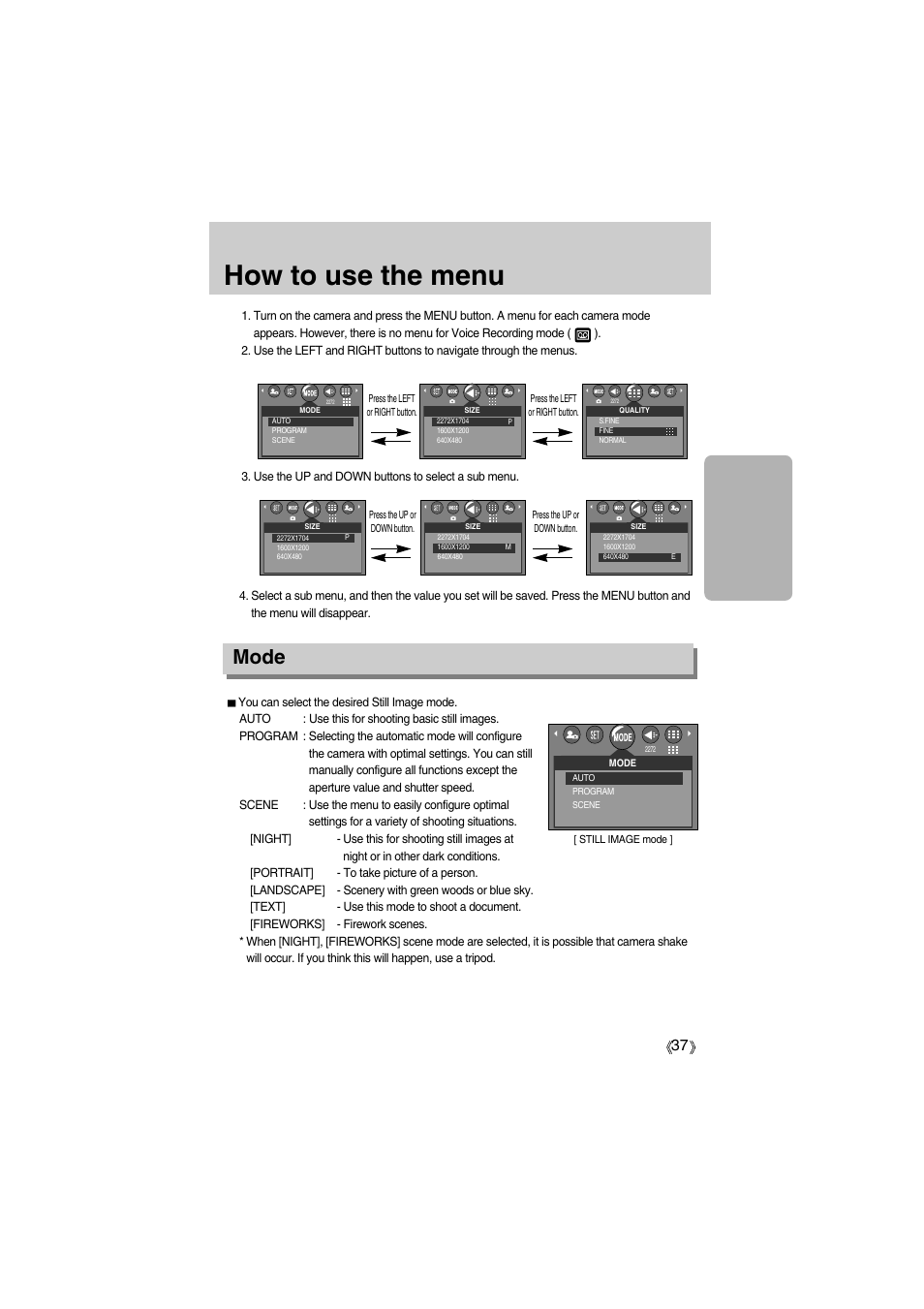 How to use the menu, Mode | Samsung Digimax A400 User Manual | Page 37 / 116