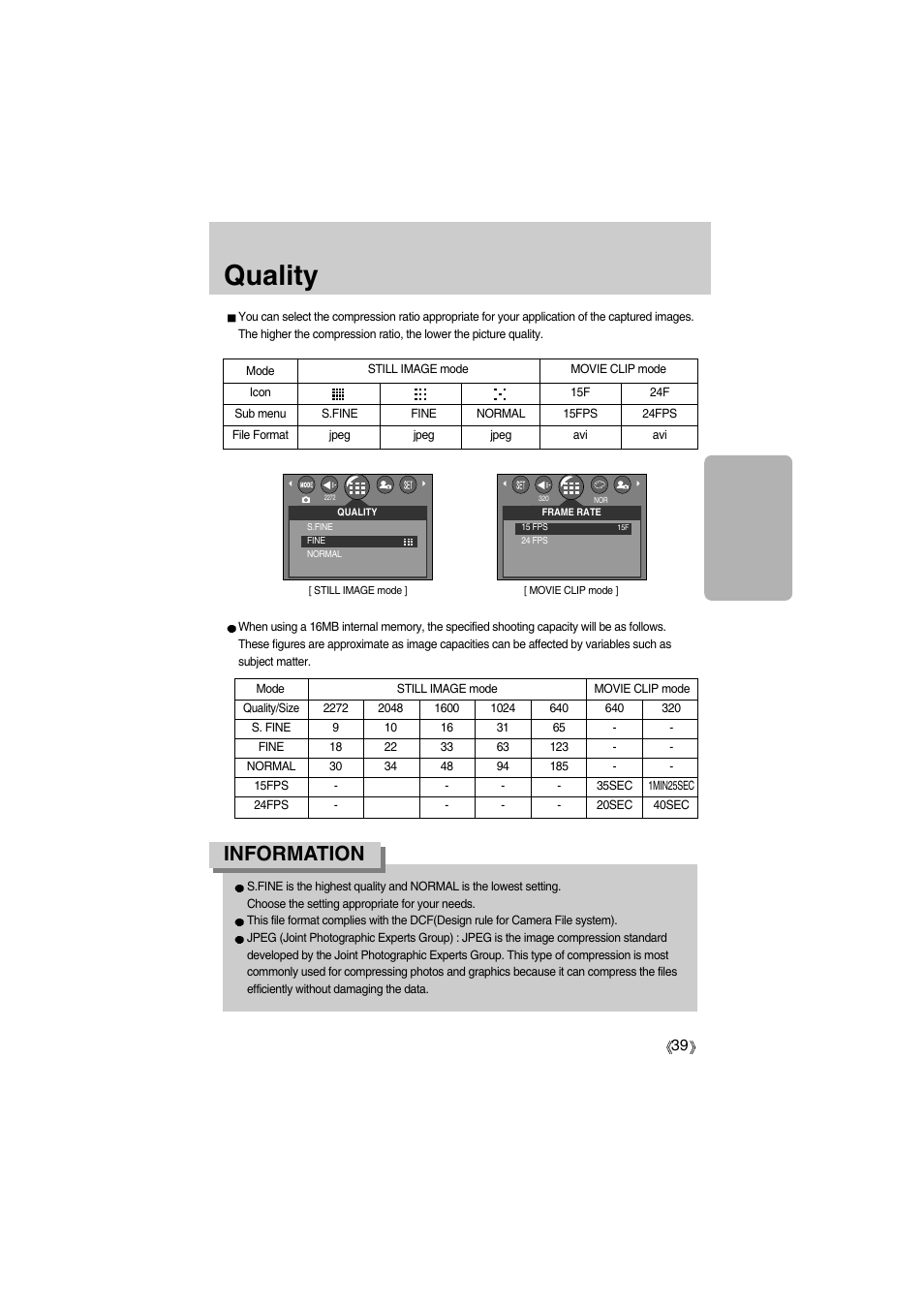 Quality, Information | Samsung Digimax A400 User Manual | Page 39 / 116