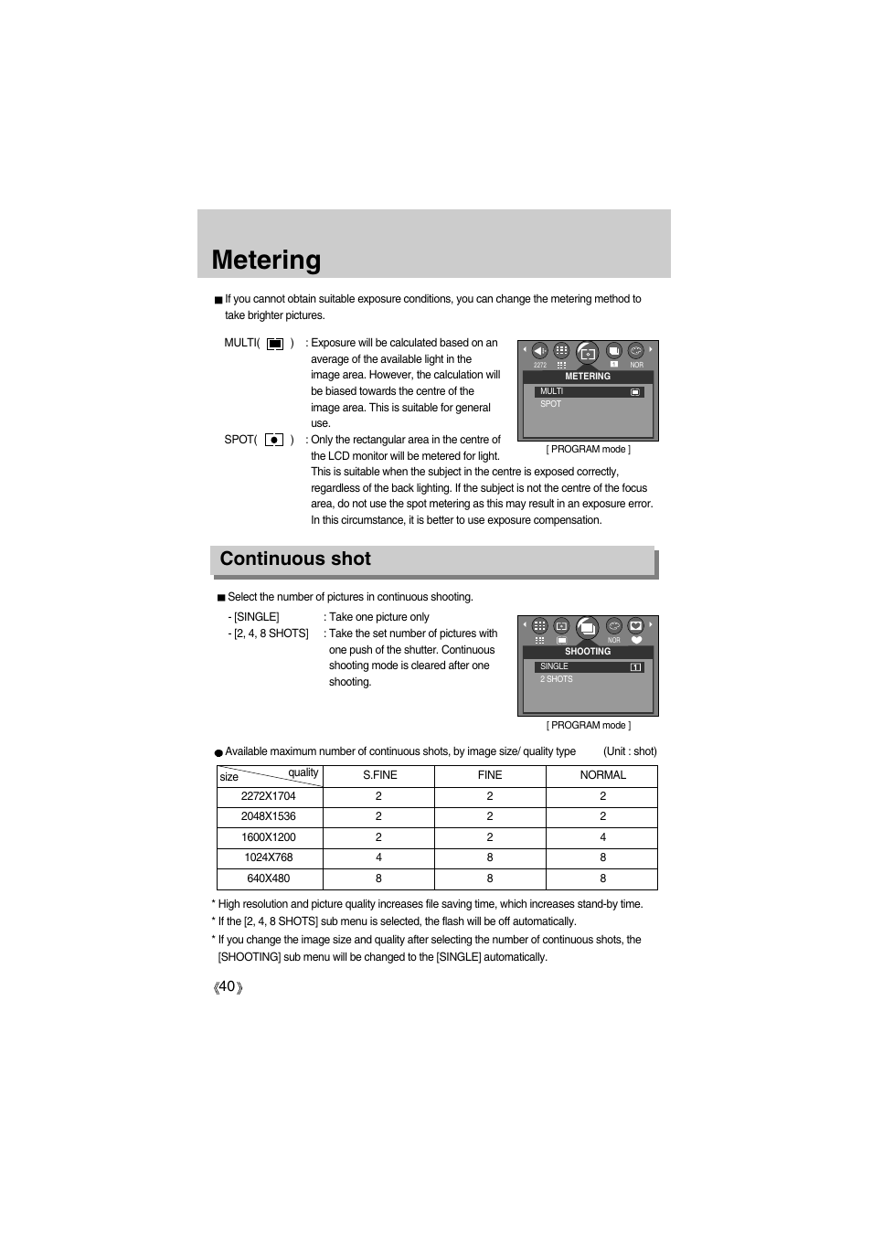 Metering, Continuous shot | Samsung Digimax A400 User Manual | Page 40 / 116