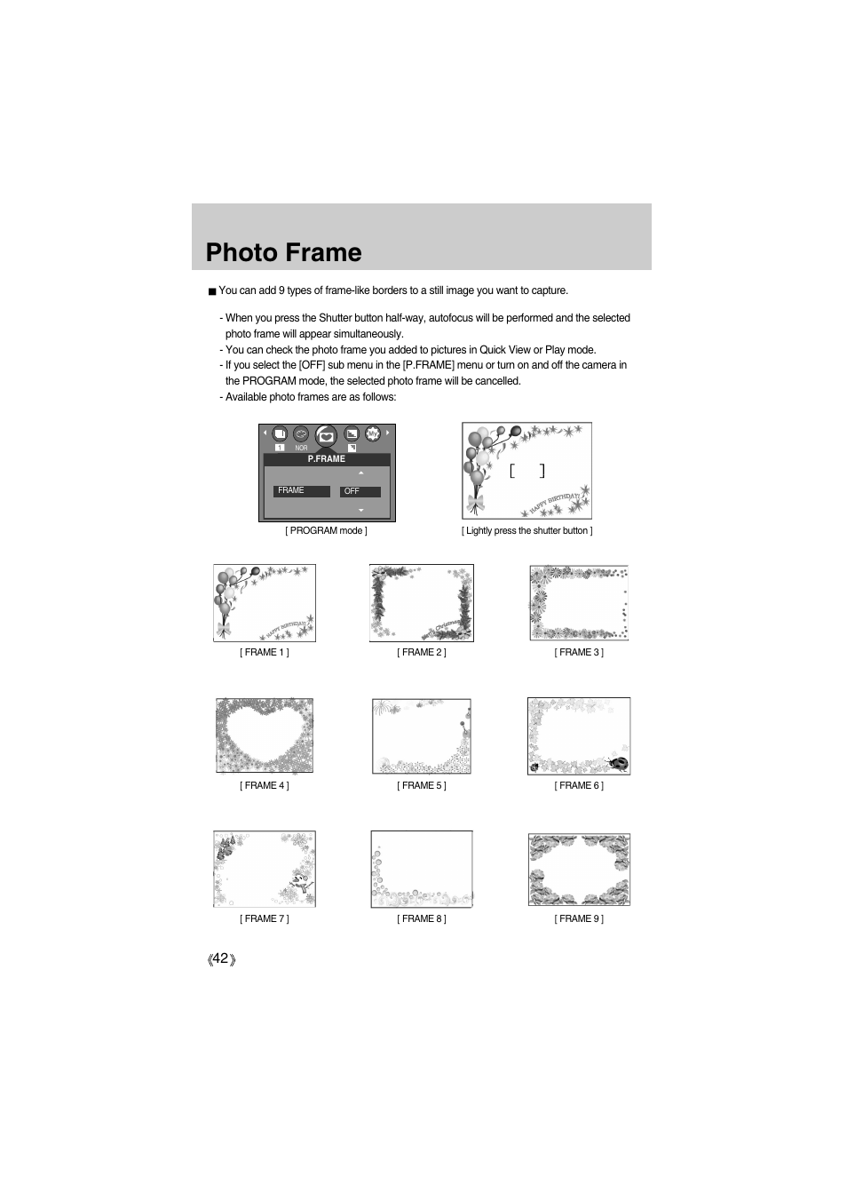 Photo frame | Samsung Digimax A400 User Manual | Page 42 / 116