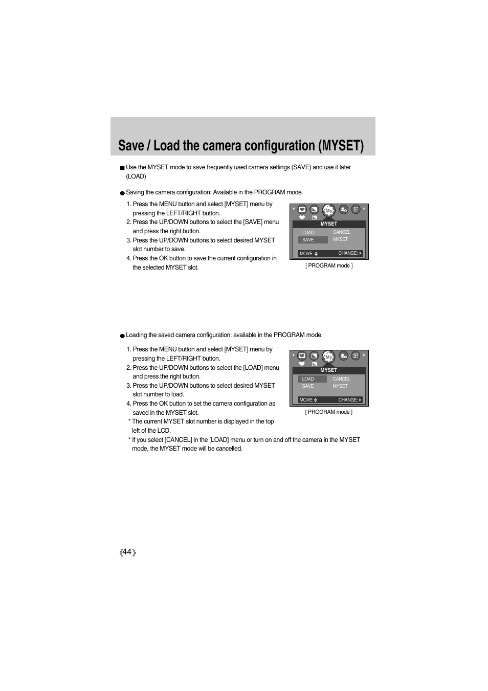 Save / load the camera configuration (myset) | Samsung Digimax A400 User Manual | Page 44 / 116