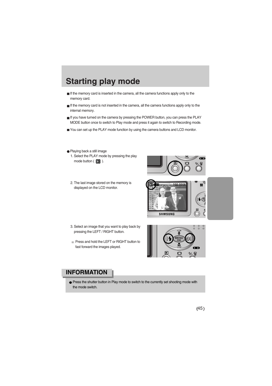 Starting play mode, Information | Samsung Digimax A400 User Manual | Page 45 / 116