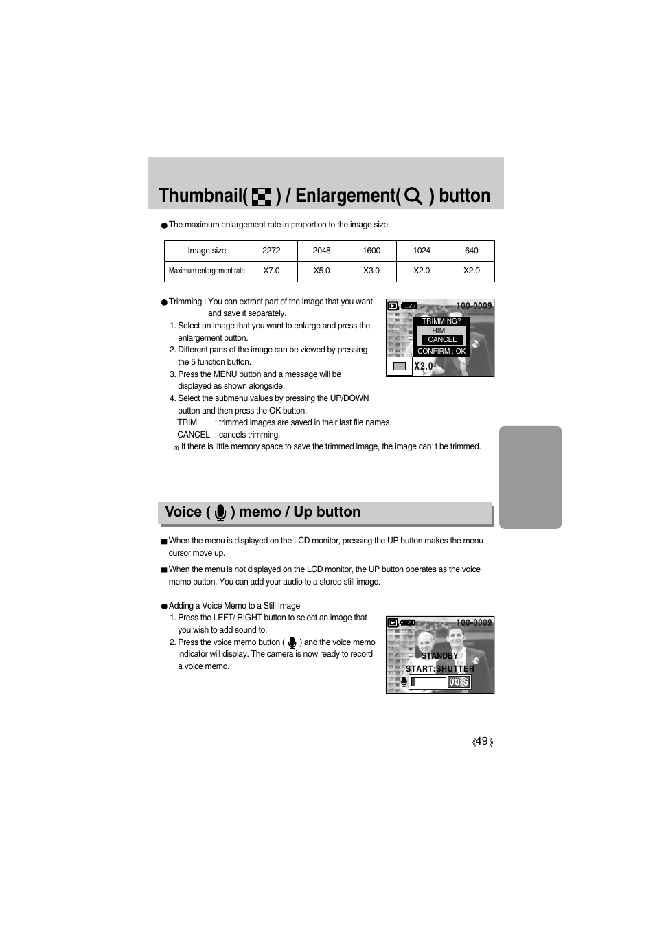 Thumbnail( ) / enlargement( ) button | Samsung Digimax A400 User Manual | Page 49 / 116