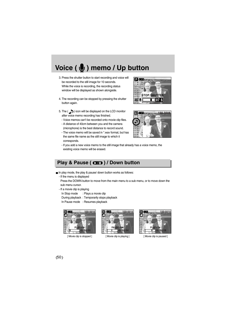 Play & pause ( ) / down button | Samsung Digimax A400 User Manual | Page 50 / 116