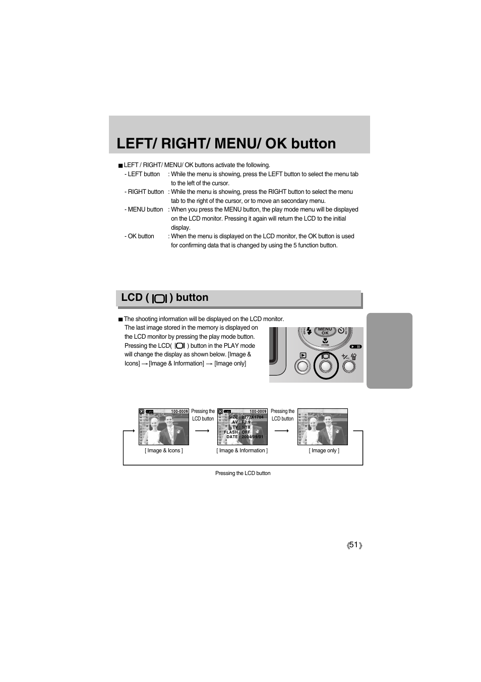 Left/ right/ menu/ ok button, Lcd ( ) button | Samsung Digimax A400 User Manual | Page 51 / 116