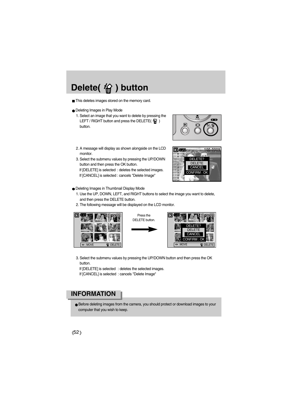 Delete( ) button, Information | Samsung Digimax A400 User Manual | Page 52 / 116