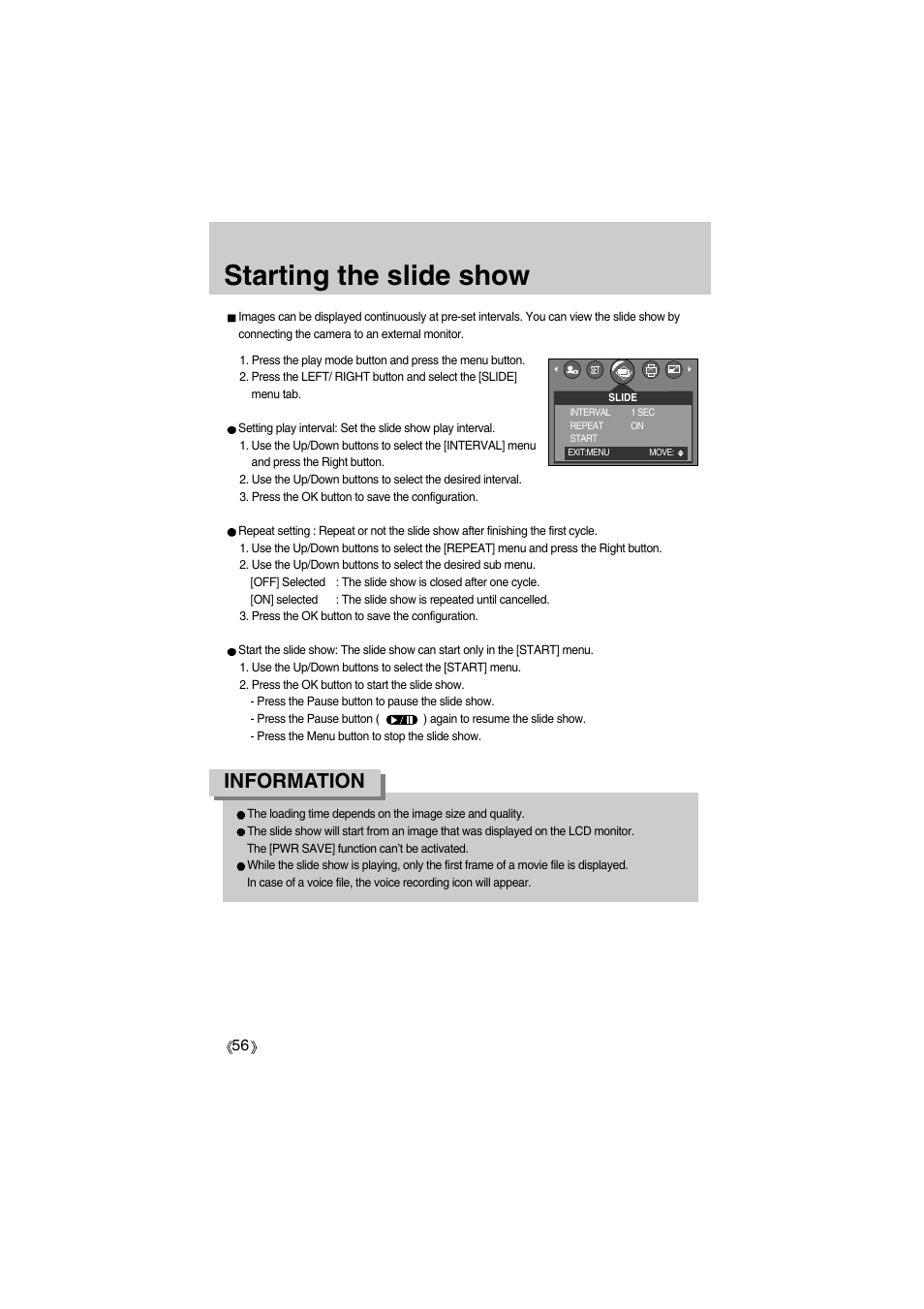 Starting the slide show, Information | Samsung Digimax A400 User Manual | Page 56 / 116