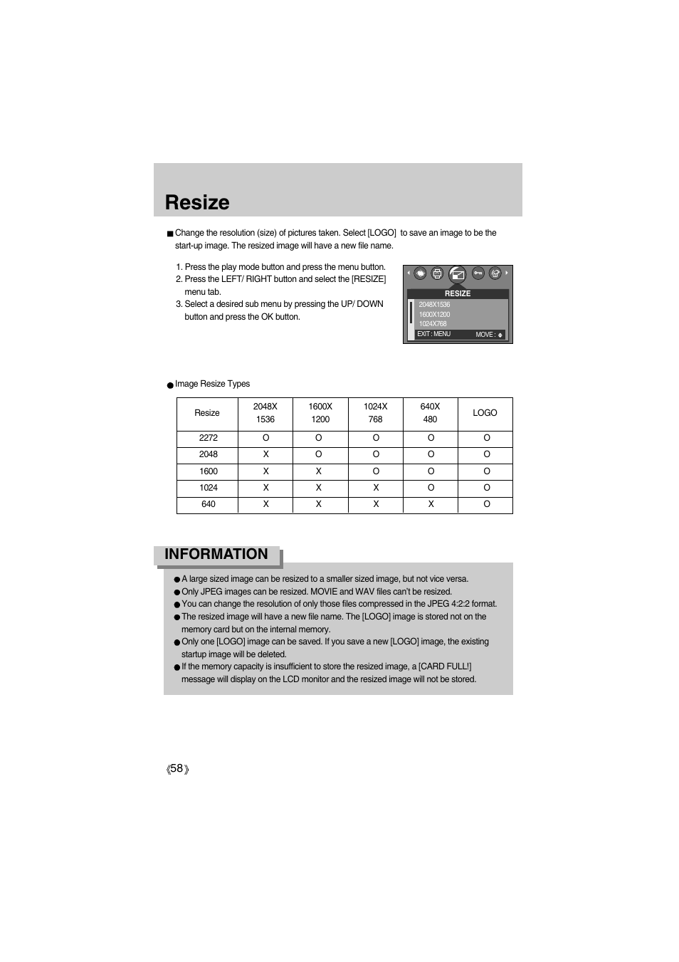 Resize, Information | Samsung Digimax A400 User Manual | Page 58 / 116