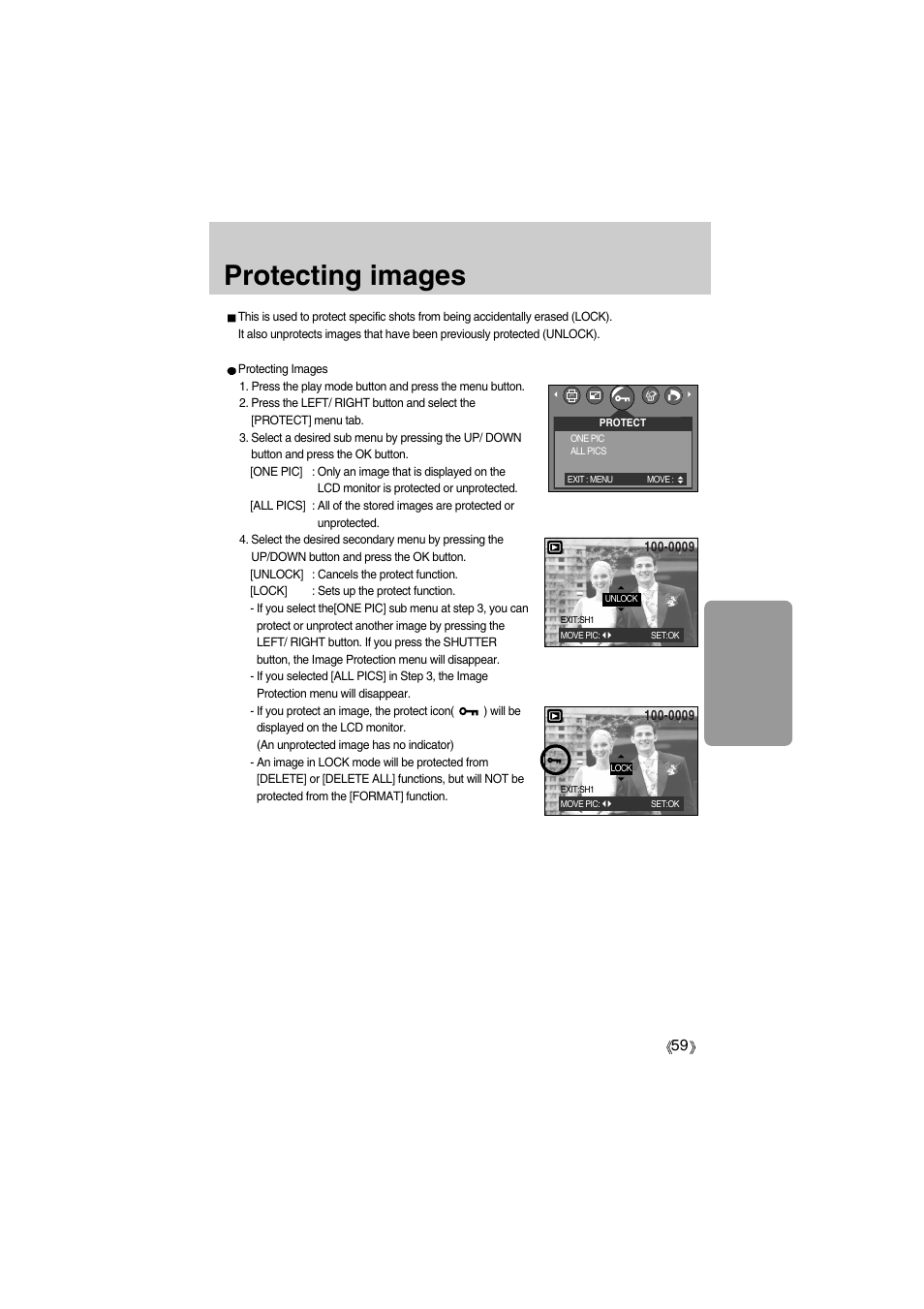 Protecting images | Samsung Digimax A400 User Manual | Page 59 / 116