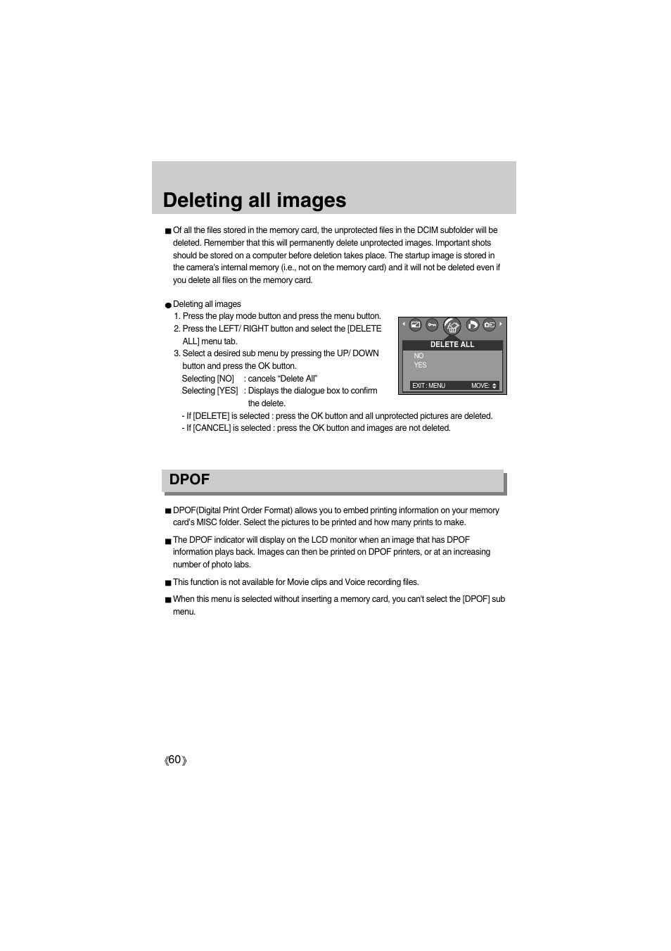 Deleting all images, Dpof | Samsung Digimax A400 User Manual | Page 60 / 116