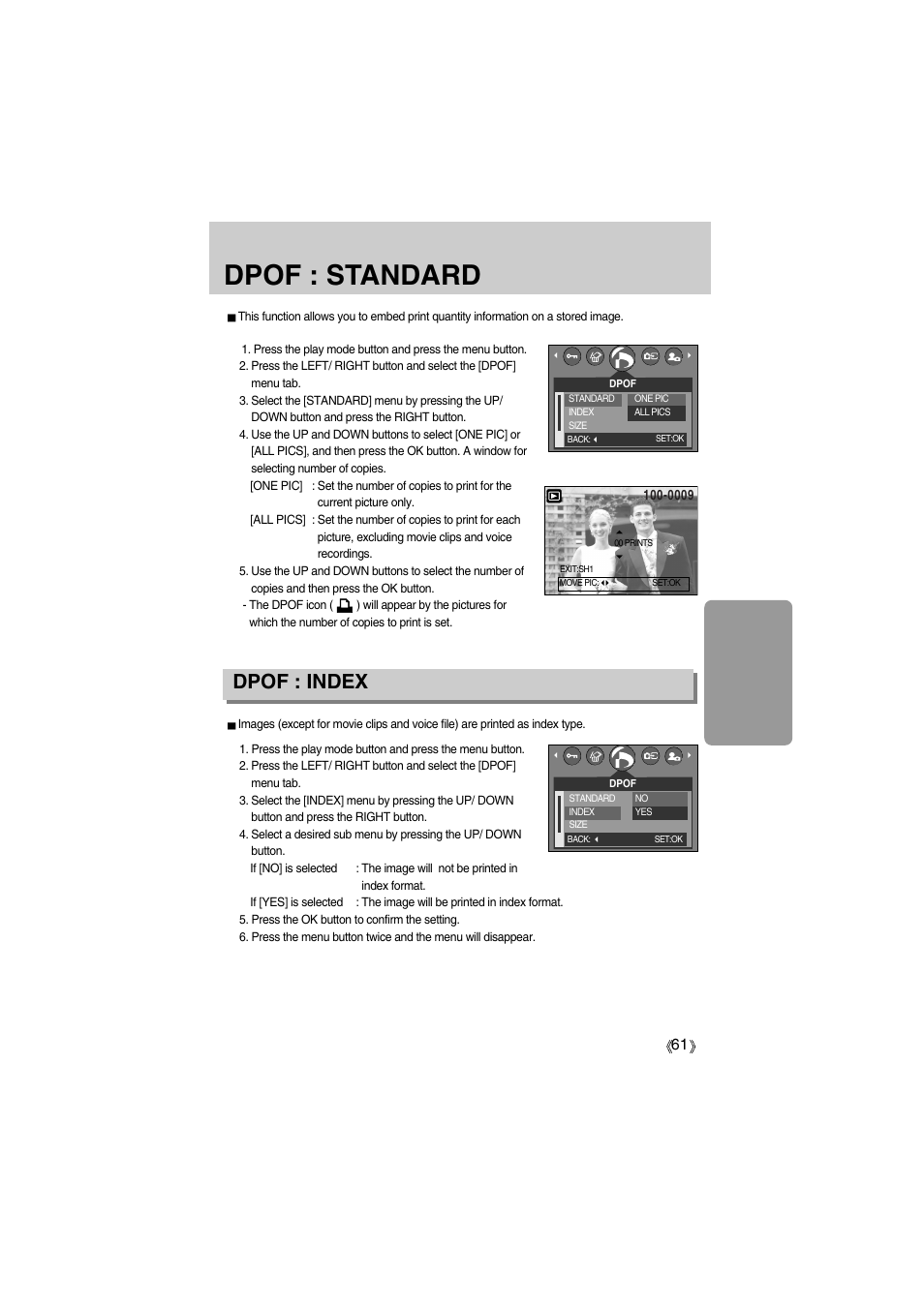 Dpof : standard, Dpof : index | Samsung Digimax A400 User Manual | Page 61 / 116