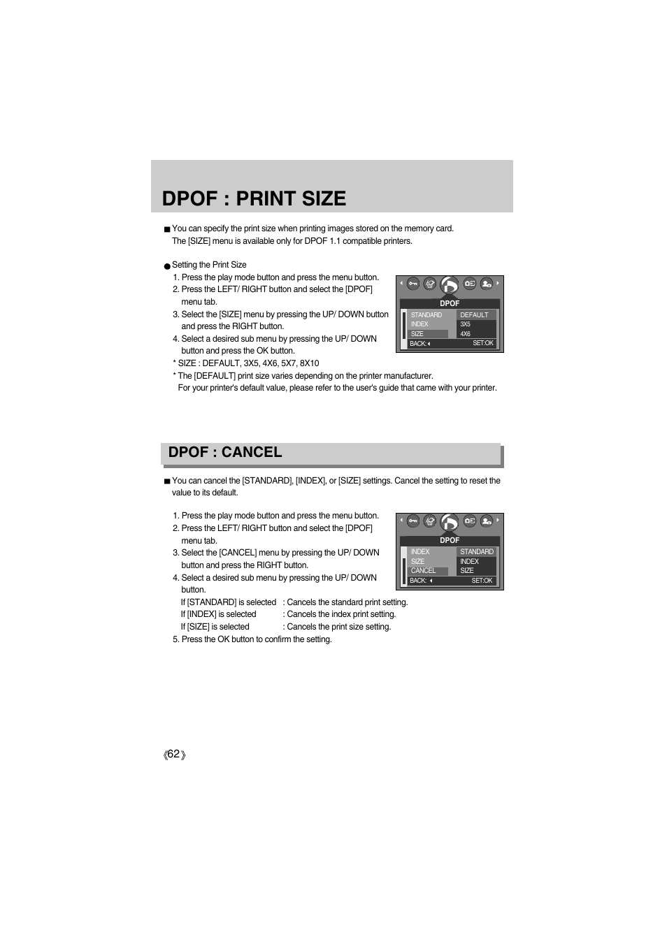 Dpof : print size, Dpof : cancel | Samsung Digimax A400 User Manual | Page 62 / 116