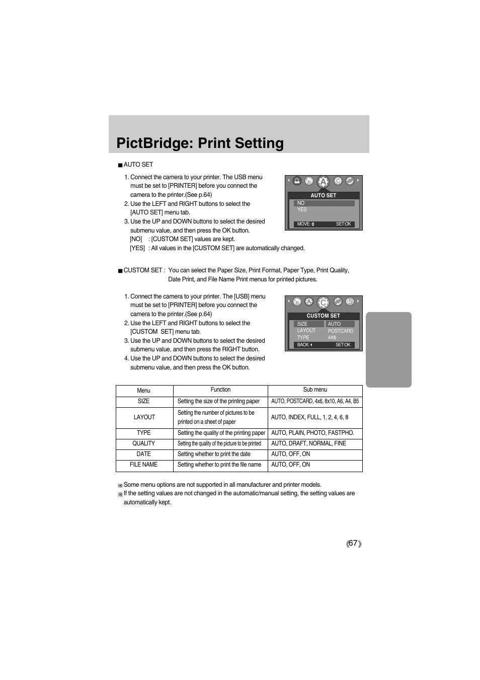 Pictbridge: print setting | Samsung Digimax A400 User Manual | Page 67 / 116