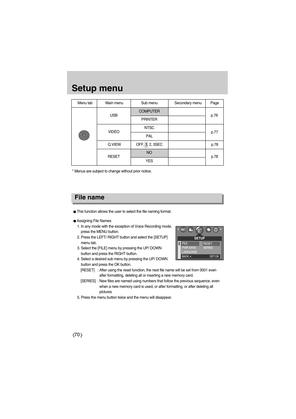 Setup menu, File name | Samsung Digimax A400 User Manual | Page 70 / 116