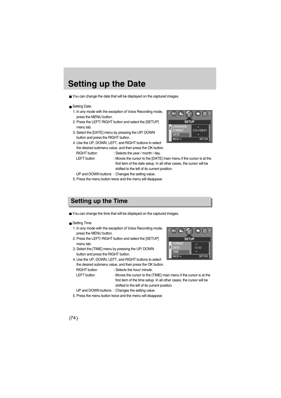 Setting up the date, Setting up the time | Samsung Digimax A400 User Manual | Page 74 / 116