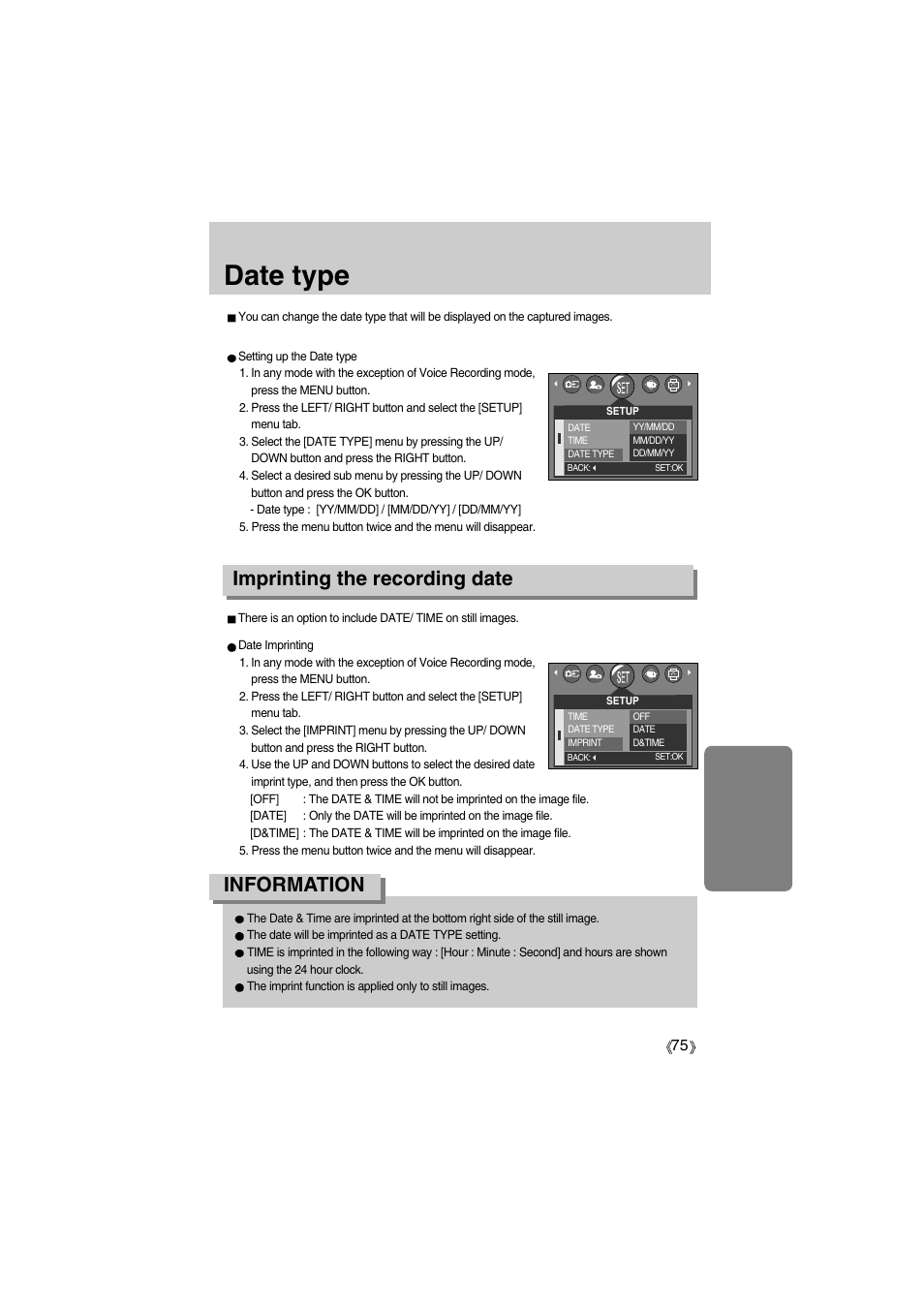 Date type, Imprinting the recording date, Information | Samsung Digimax A400 User Manual | Page 75 / 116