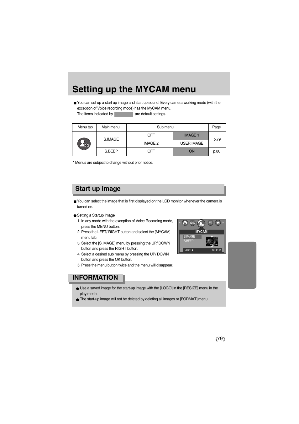 Setting up the mycam menu, Start up image, Information | Samsung Digimax A400 User Manual | Page 79 / 116