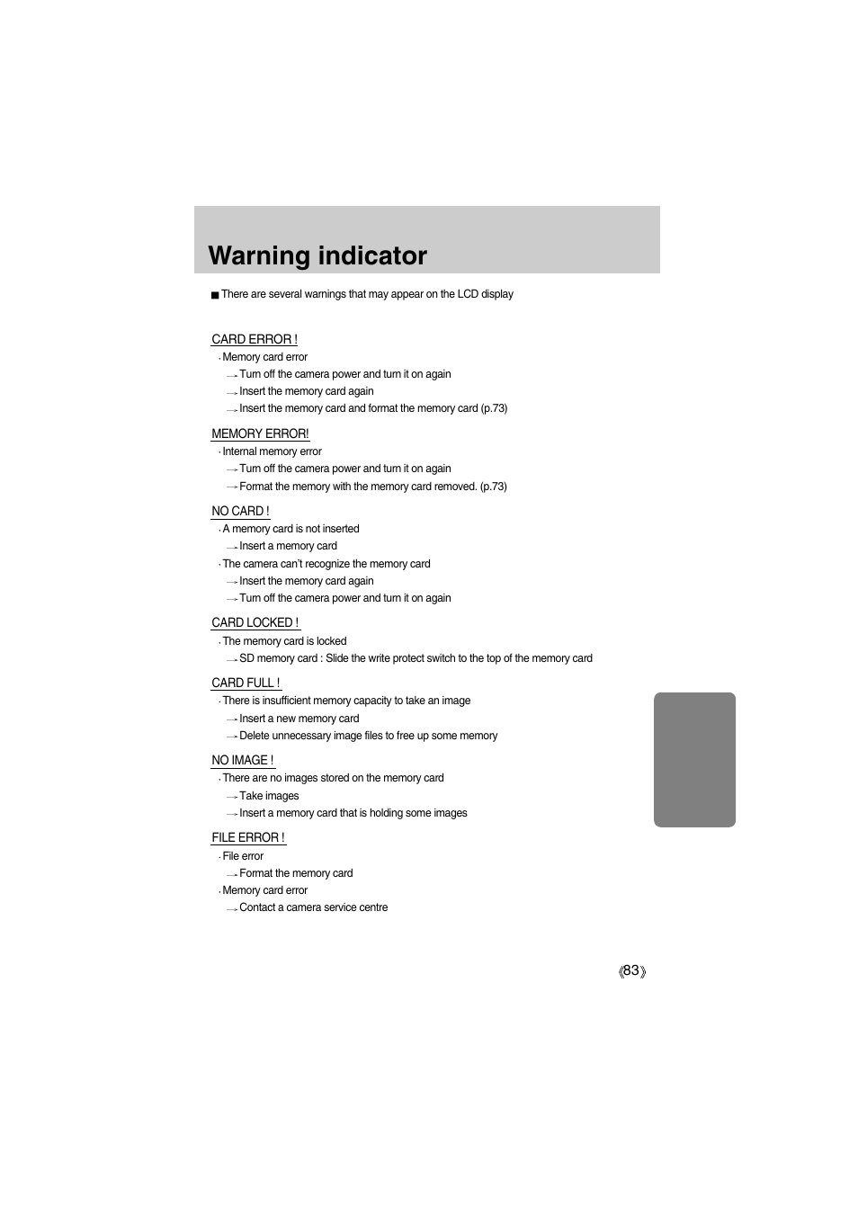 Warning indicator | Samsung Digimax A400 User Manual | Page 83 / 116