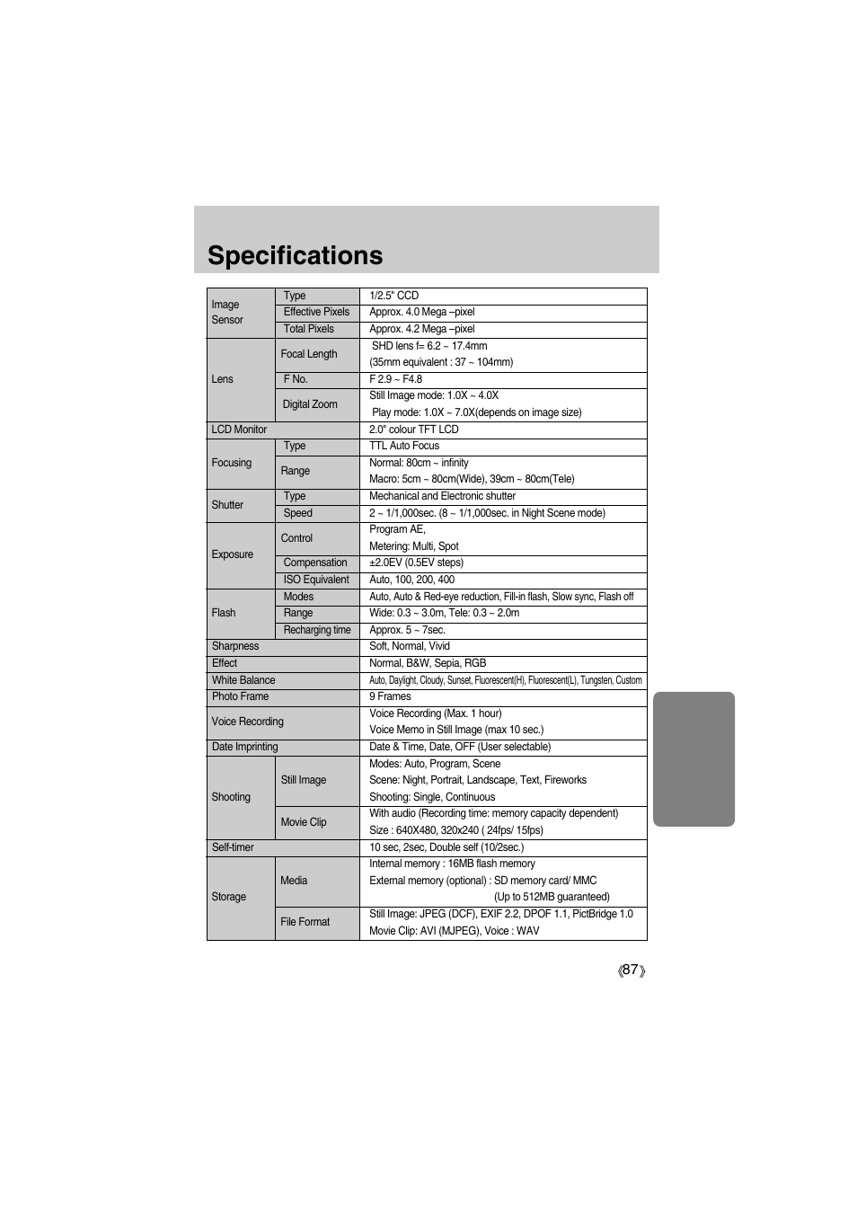 Specifications | Samsung Digimax A400 User Manual | Page 87 / 116