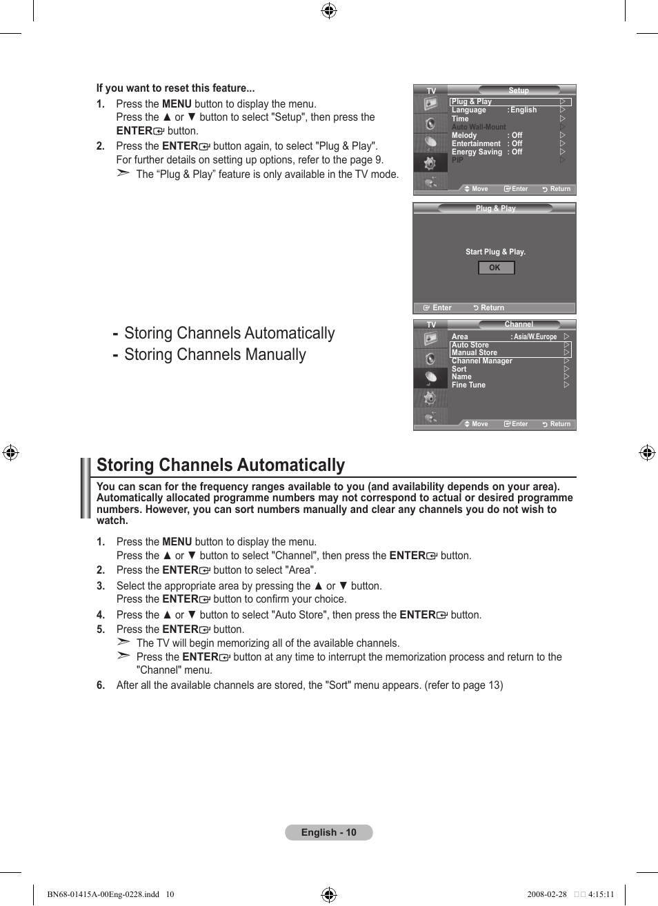 Setting the channels, Storing channels automatically | Samsung BN68-01415A-00 User Manual | Page 12 / 51