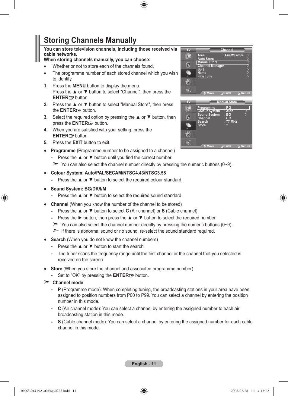 Storing channels manually | Samsung BN68-01415A-00 User Manual | Page 13 / 51