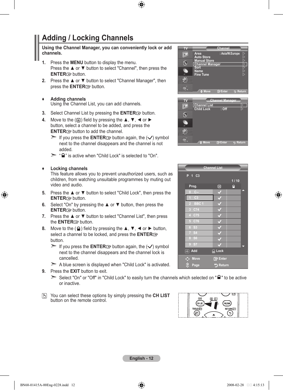 Adding / locking channels | Samsung BN68-01415A-00 User Manual | Page 14 / 51