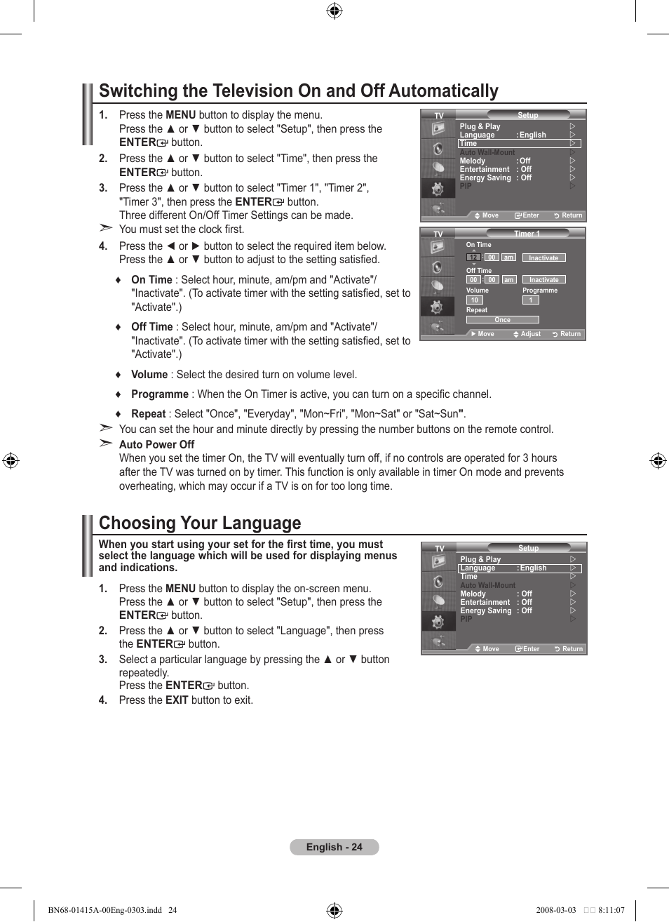 Switching the television on and off automatically, Function description, Choosing your language | Samsung BN68-01415A-00 User Manual | Page 26 / 51