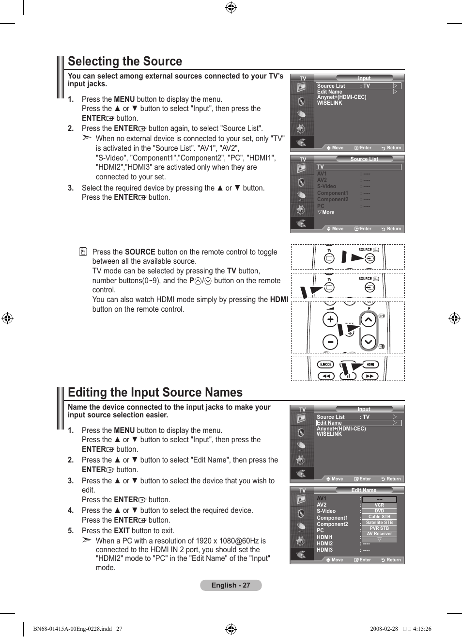 Selecting the source, Editing the input source names | Samsung BN68-01415A-00 User Manual | Page 29 / 51