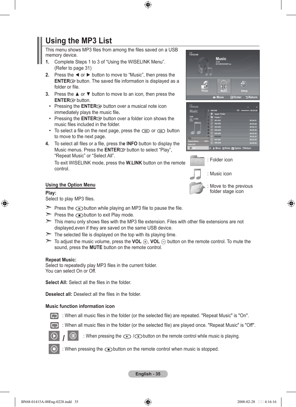 Using the mp3 list, Using the mp list | Samsung BN68-01415A-00 User Manual | Page 37 / 51