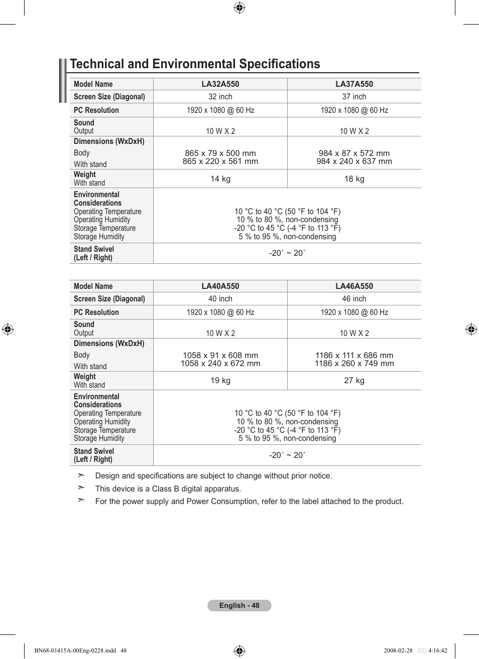 Technical and environmental specifications | Samsung BN68-01415A-00 User Manual | Page 50 / 51