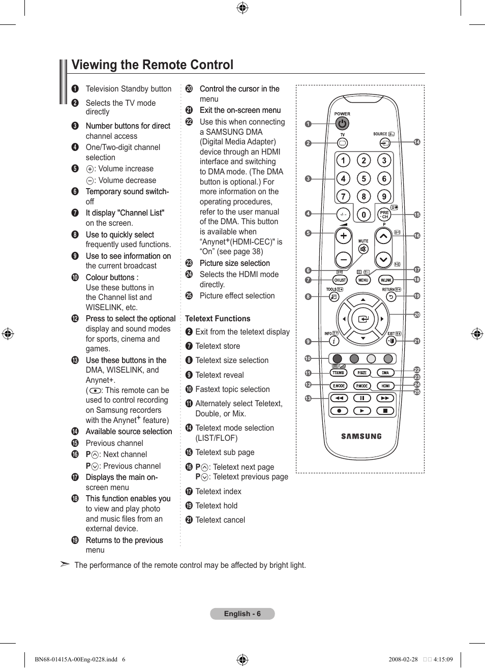 Viewing the remote control | Samsung BN68-01415A-00 User Manual | Page 8 / 51