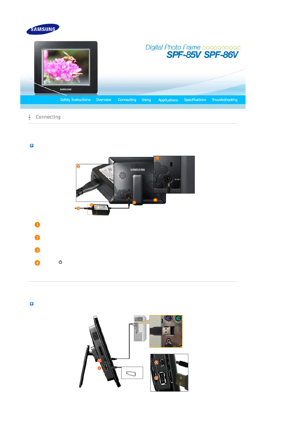 Connecting, Connecting the power, Connecting via usb | Samsung SPF-86V User Manual | Page 11 / 44