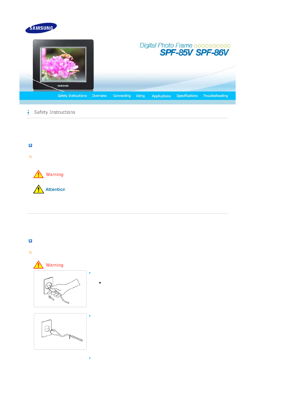 Sarety instructions, Safety symbols, Power | Samsung SPF-86V User Manual | Page 2 / 44