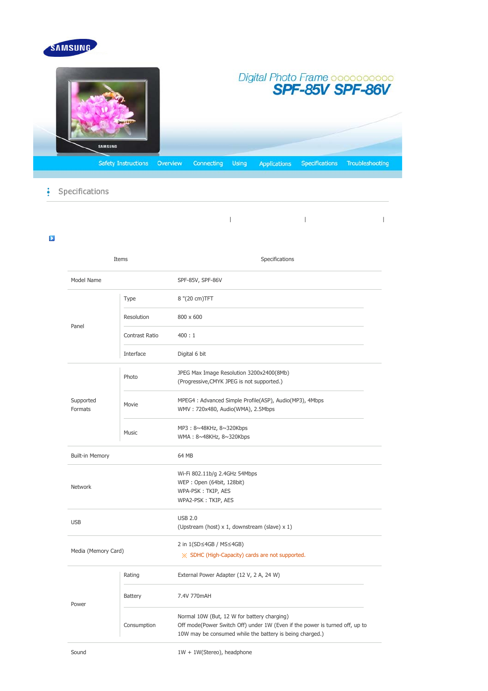 Specifications | Samsung SPF-86V User Manual | Page 38 / 44