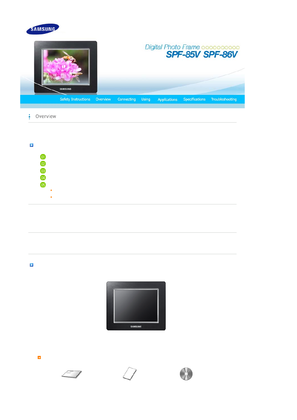 Overview, Features, Components | Samsung SPF-86V User Manual | Page 7 / 44