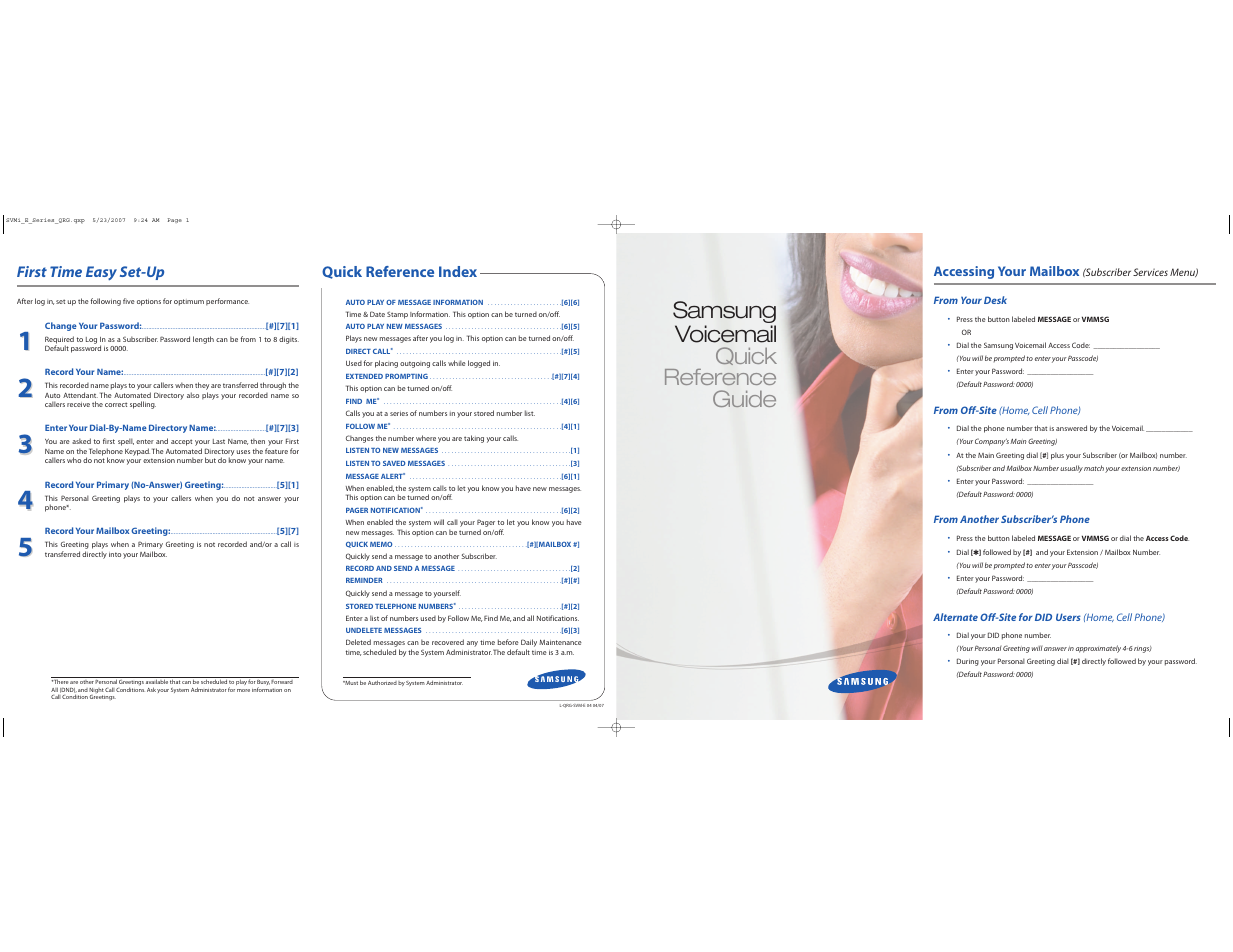 Samsung voicemail quick reference guide, First time easy set-up, Quick reference index | Samsung Voicemail User Manual | Page 3 / 8