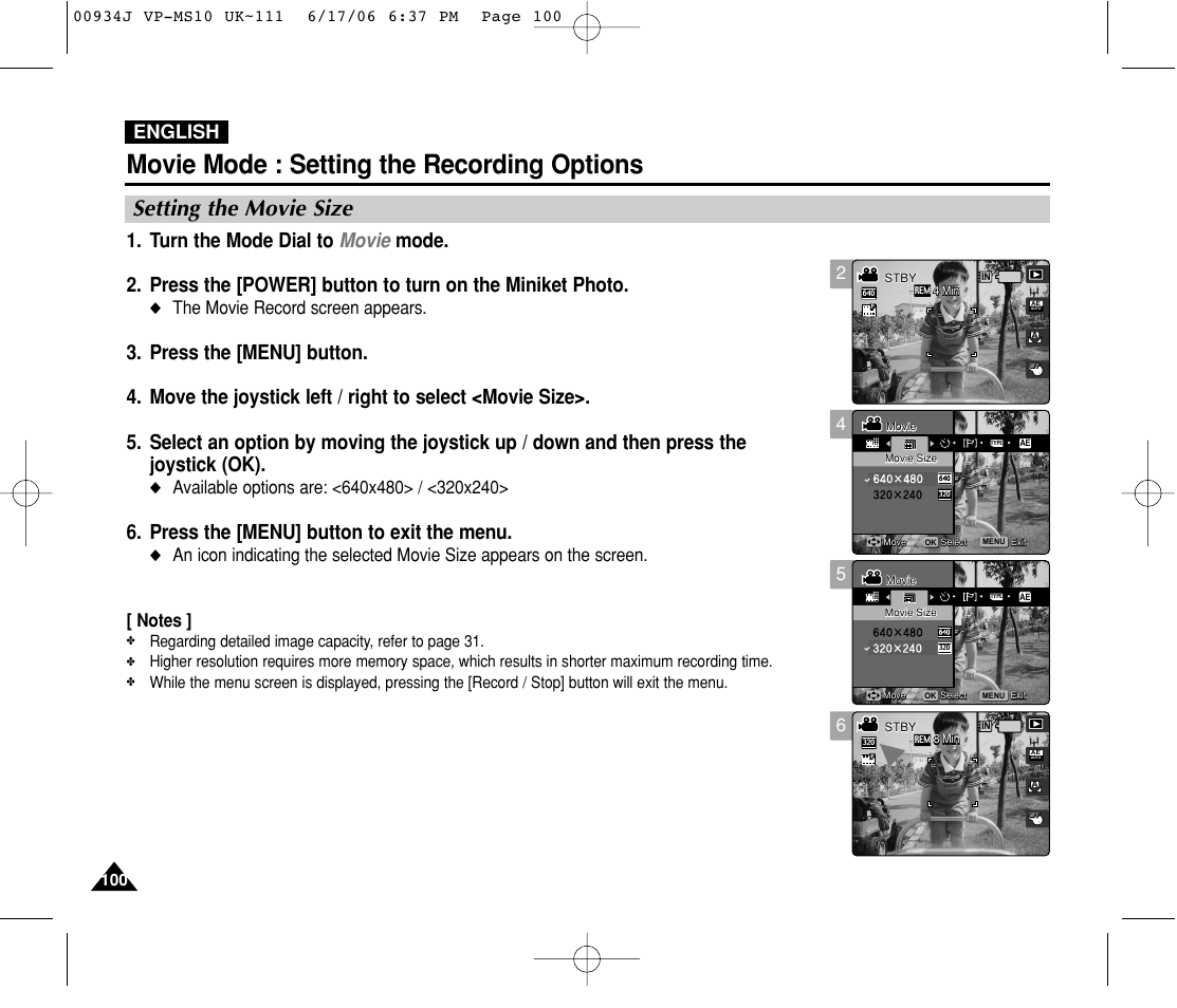 Setting the movie size, Movie mode : setting the recording options, Press the [menu] button to exit the menu | English, The movie record screen appears | Samsung VP-MS11 User Manual | Page 100 / 160