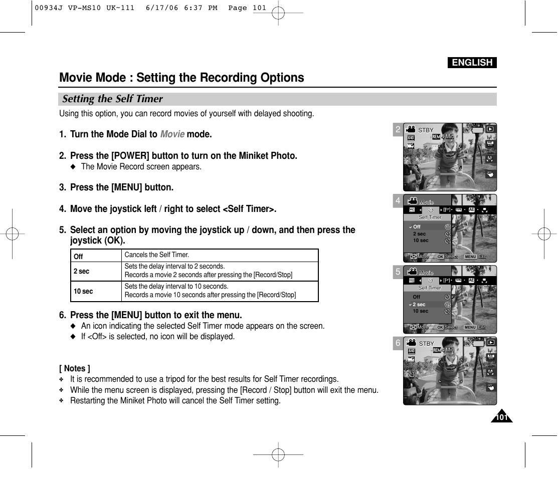 Setting the self timer, Movie mode : setting the recording options, English | The movie record screen appears | Samsung VP-MS11 User Manual | Page 101 / 160