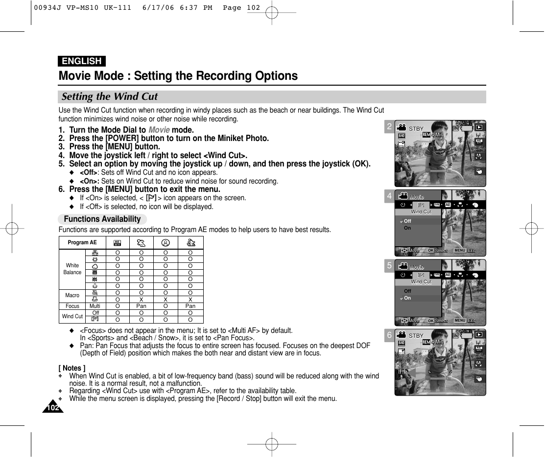 Setting the wind cut, Movie mode : setting the recording options, English | Press the [menu] button to exit the menu, Functions availability, Off> : sets off wind cut and no icon appears, If <off> is selected, no icon will be displayed | Samsung VP-MS11 User Manual | Page 102 / 160