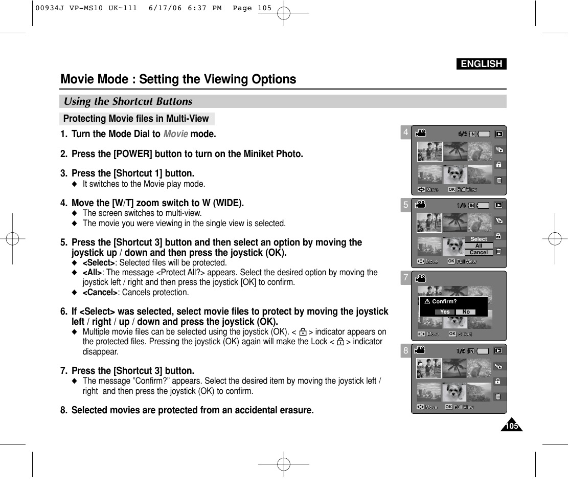 Movie mode : setting the viewing options, Using the shortcut buttons, Move the [w/t] zoom switch to w (wide) | Press the [shortcut 3] button, English | Samsung VP-MS11 User Manual | Page 105 / 160