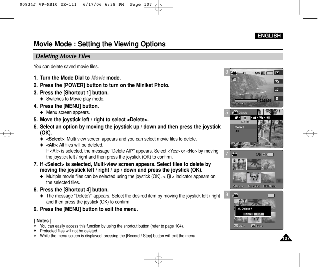 Deleting movie files, Movie mode : setting the viewing options, Press the [menu] button | Press the [shortcut 4] button, Press the [menu] button to exit the menu, English, You can delete saved movie files, Switches to movie play mode, Menu screen appears | Samsung VP-MS11 User Manual | Page 107 / 160