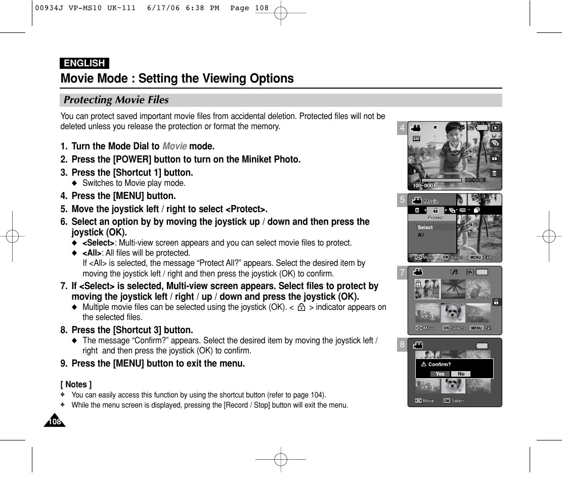 Protecting movie files, Movie mode : setting the viewing options | Samsung VP-MS11 User Manual | Page 108 / 160