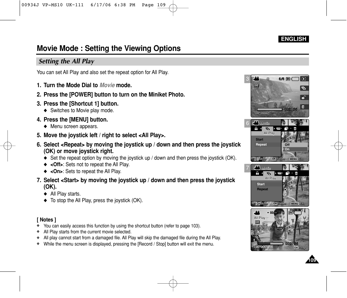 Setting the all play, Movie mode : setting the viewing options, Press the [menu] button | English, Switches to movie play mode, Menu screen appears, Off> : sets not to repeat the all play, On> : sets to repeat the all play, All play starts | Samsung VP-MS11 User Manual | Page 109 / 160