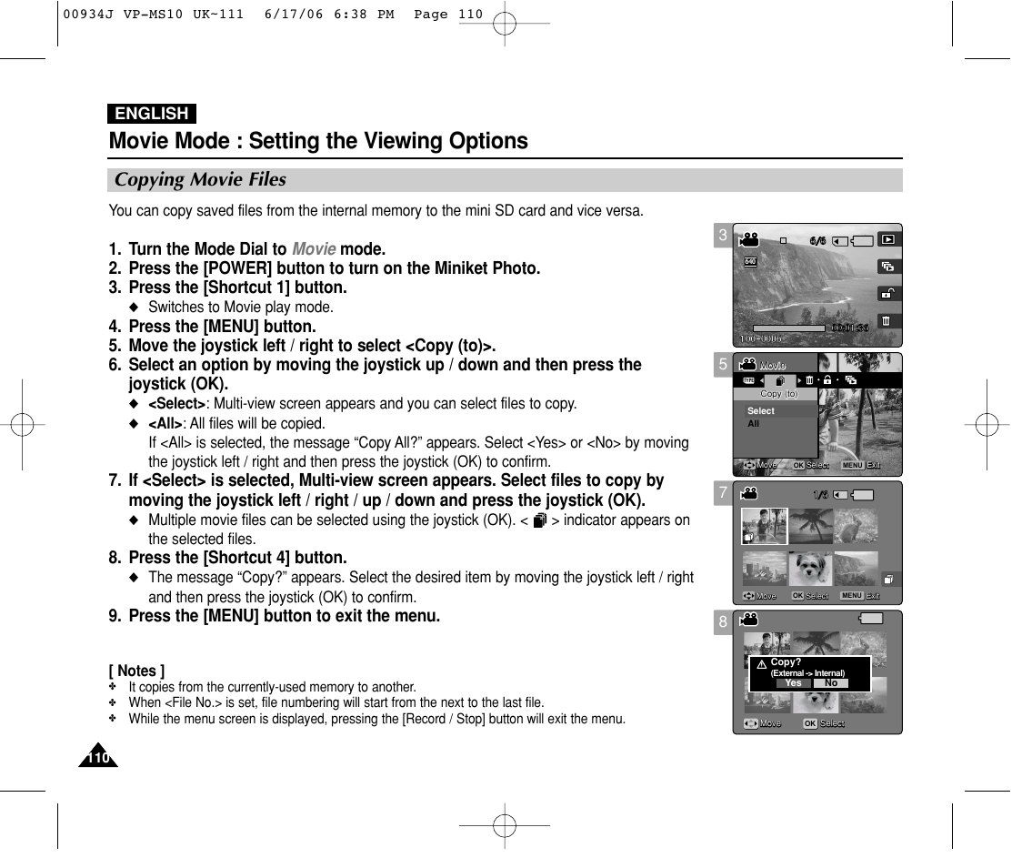 Copying movie files, Movie mode : setting the viewing options, Press the [shortcut 4] button | Press the [menu] button to exit the menu, English, Switches to movie play mode | Samsung VP-MS11 User Manual | Page 110 / 160