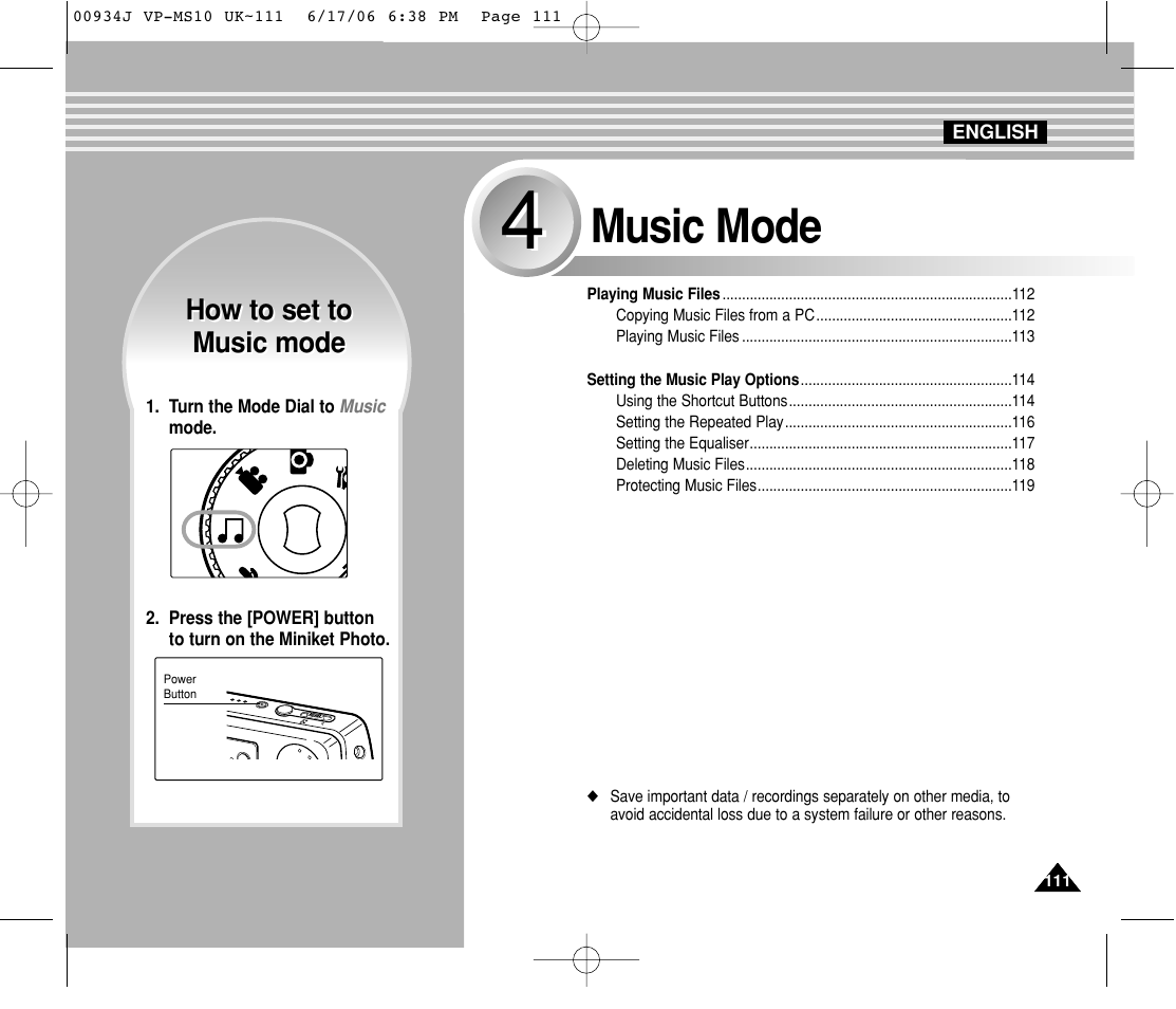 Music mode, How to set to music mode how to set to music mode | Samsung VP-MS11 User Manual | Page 111 / 160