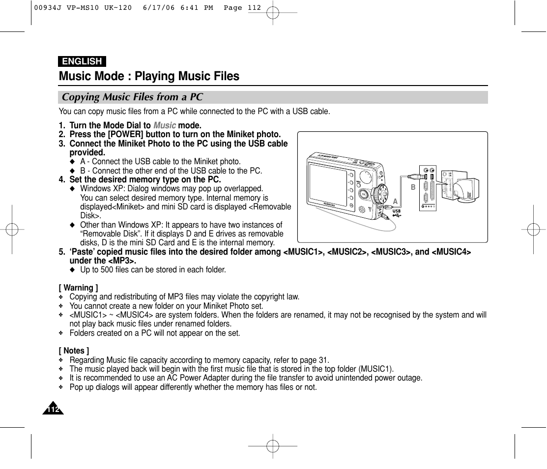 Playing music files, Copying music files from a pc, Music mode : playing music files | Samsung VP-MS11 User Manual | Page 112 / 160