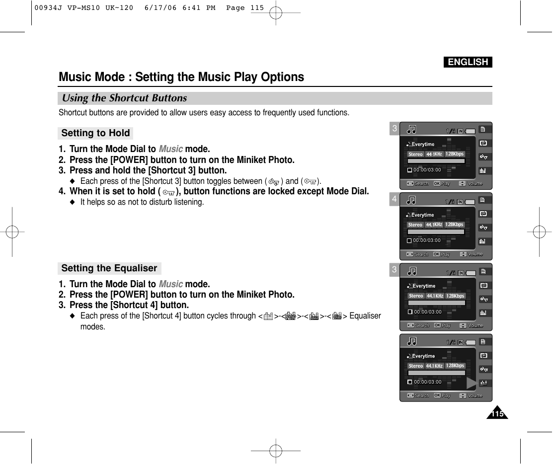 Music mode : setting the music play options, Using the shortcut buttons, English | It helps so as not to disturb listening | Samsung VP-MS11 User Manual | Page 115 / 160