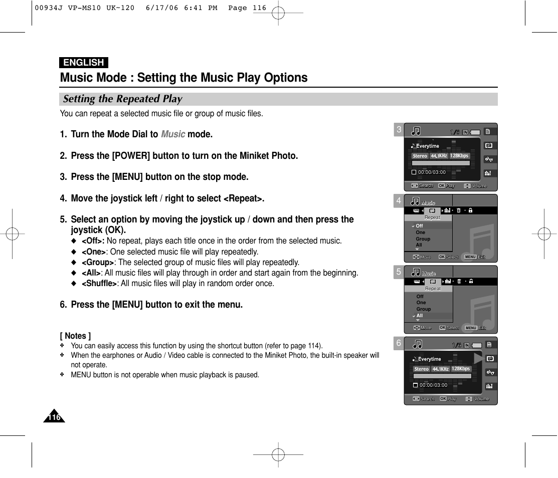 Setting the repeated play, Music mode : setting the music play options, Press the [menu] button to exit the menu | English | Samsung VP-MS11 User Manual | Page 116 / 160