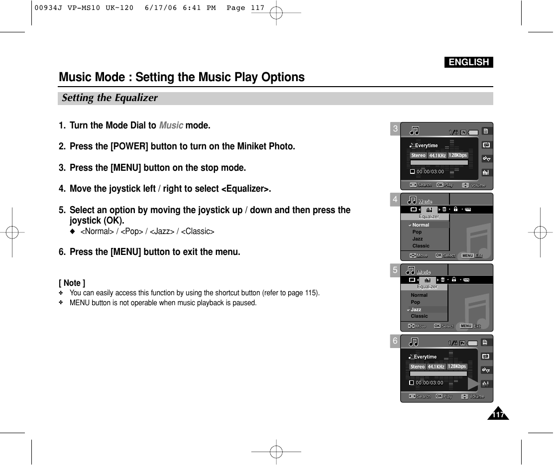 Setting the equalizer, Music mode : setting the music play options, Press the [menu] button to exit the menu | English, Normal> / <pop> / <jazz> / <classic | Samsung VP-MS11 User Manual | Page 117 / 160