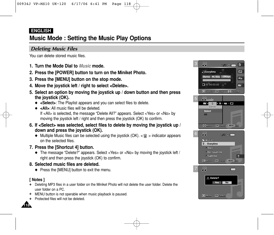 Music mode : setting the music play options, Deleting music files, Press the [shortcut 4] button | Selected music files are deleted, English, You can delete stored music files, Protected files will not be deleted | Samsung VP-MS11 User Manual | Page 118 / 160